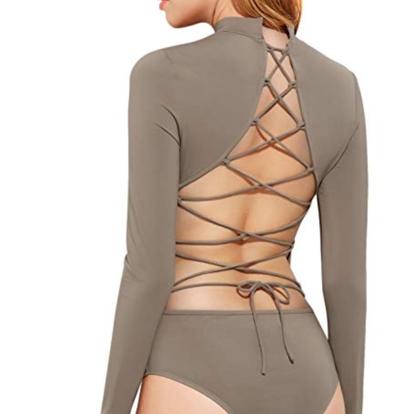 Tops - Lace Up Open Back Long Sleeve Coffee Bodysuit